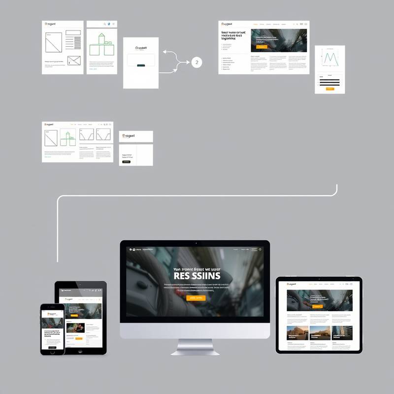A detailed view of a responsive web design process, showing wireframes, mockups, and the final website on different devices.